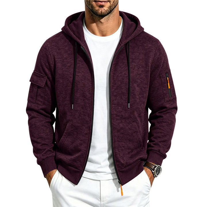 Herren Melierte Zip‑Hoodie‑Jacke mit Utility‑Ärmeltasche und Känguru‑Taschen Drune