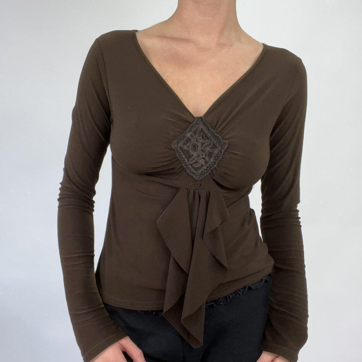 Damen Figurbetontes V‑Neck Langarm-Top mit dekorativer Häkelapplikation und Wasserfallzipfel Drune