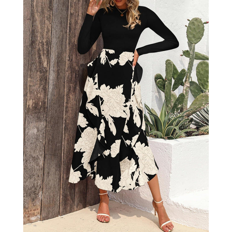 Damen Elegantes Maxikleid mit floralem Volant und langem Arm Drune