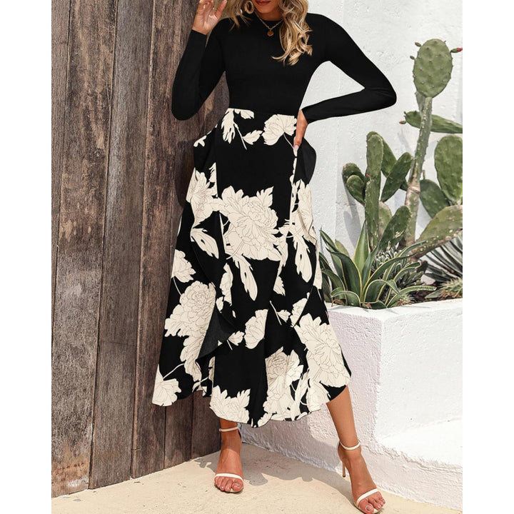 Damen Elegantes Maxikleid mit floralem Volant und langem Arm Drune