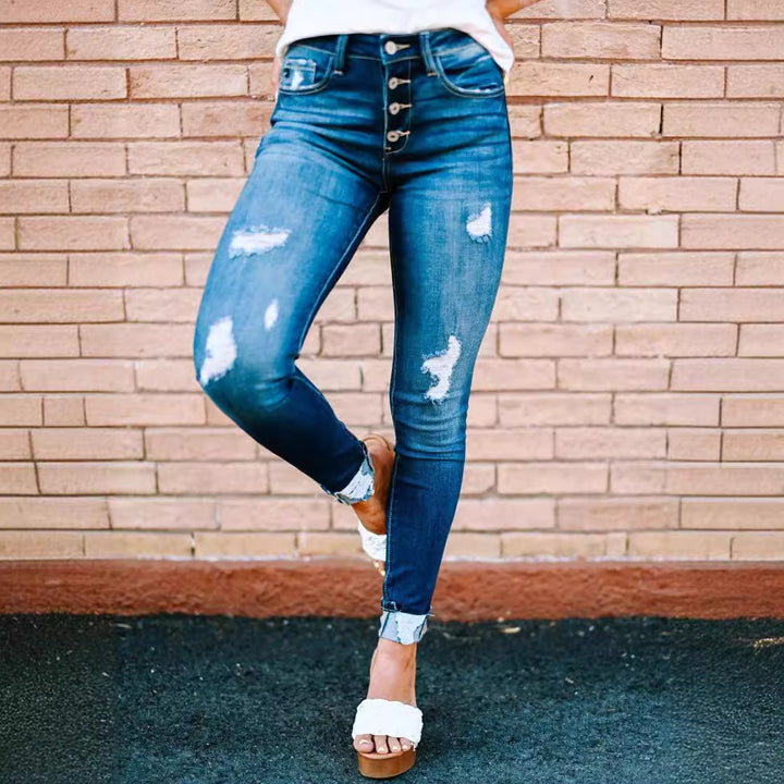Damen hochtaillierte Skinny Jeans mit ausgefranstem Saum Drune