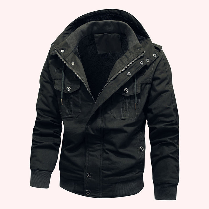 Herren Arbeitsjacke aus Canvas mit Teddy-Innenfutter, Kapuze und Utility-Taschen Drune