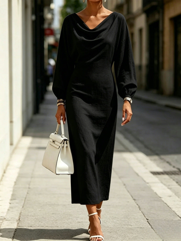 Damen Elegantes Midikleid mit drapiertem Ausschnitt, taillierter Silhouette und Ballonärmeln Drune
