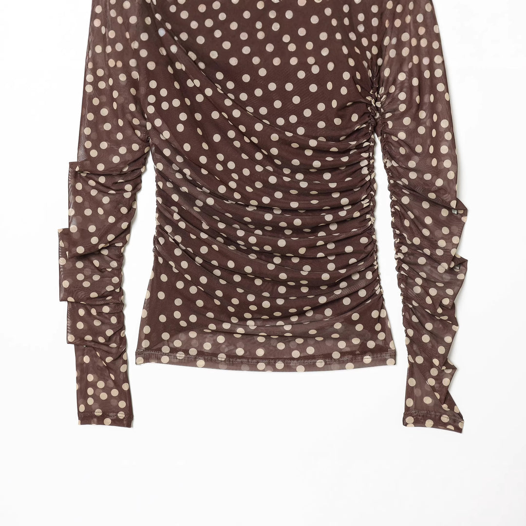 Damen nan gerafftes Langarm-Mesh-Top mit Rollkragen und Punkteprint Drune