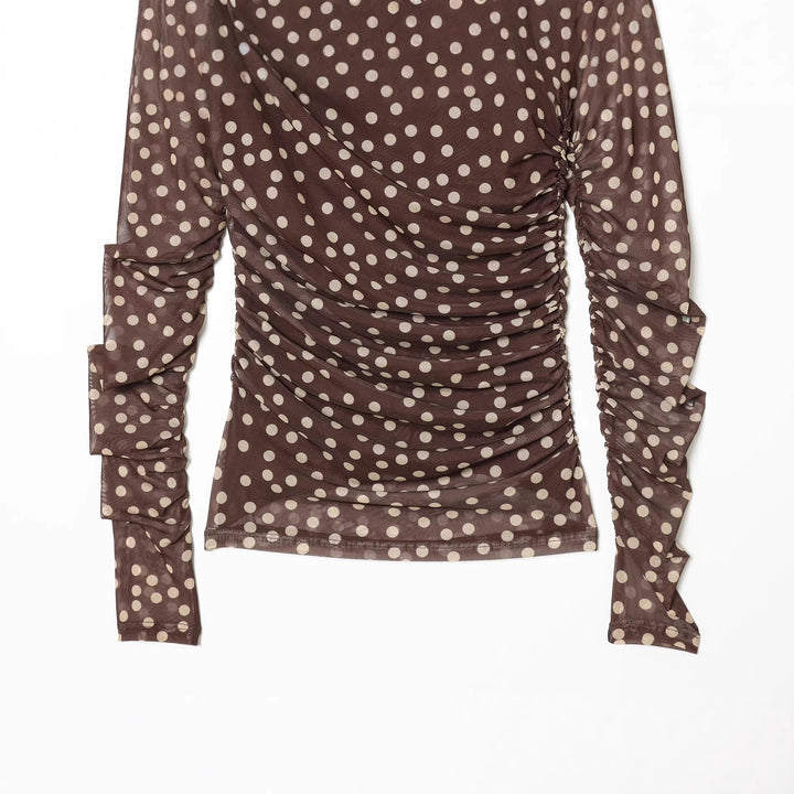 Damen nan gerafftes Langarm-Mesh-Top mit Rollkragen und Punkteprint Drune