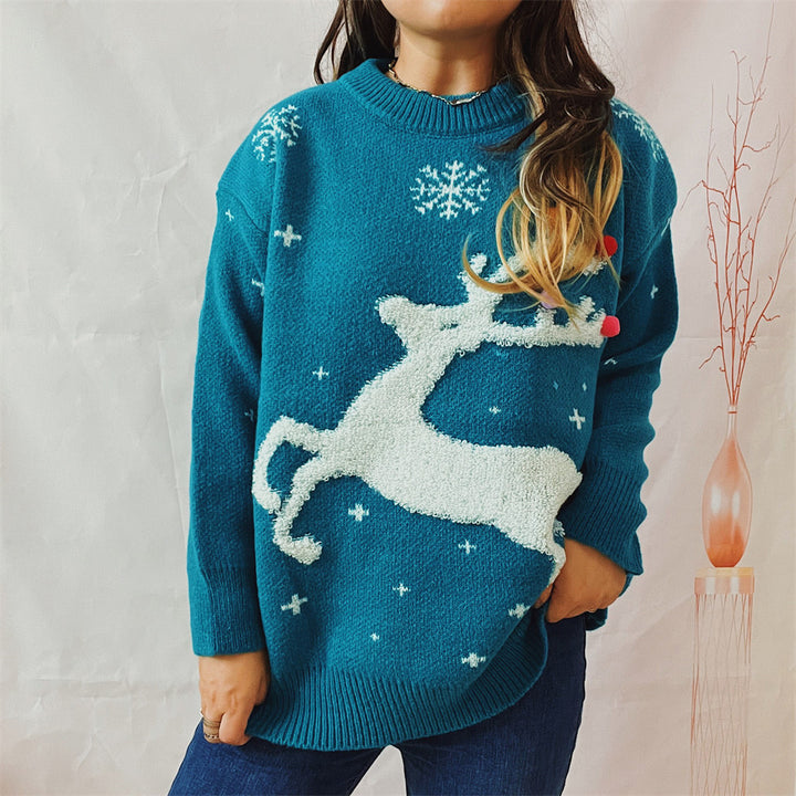 Damen festlicher Pullover mit kreativem Rentier-Motiv und strukturiertem Strick Drune