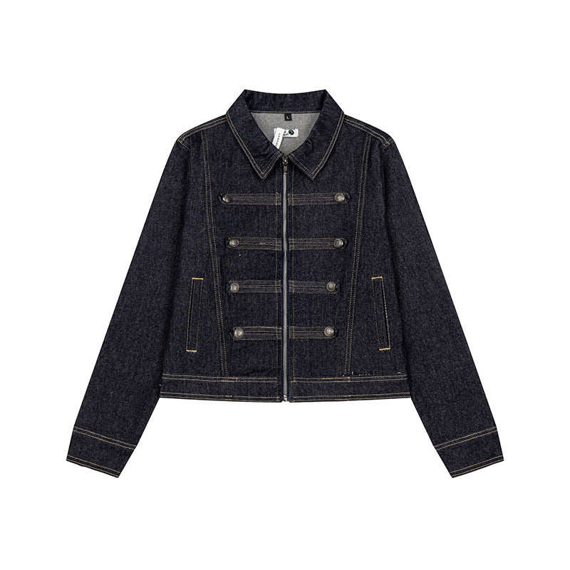 Damen kurze Jeansjacke im Military‑Stil mit Doppelreihen‑Knöpfen Drune