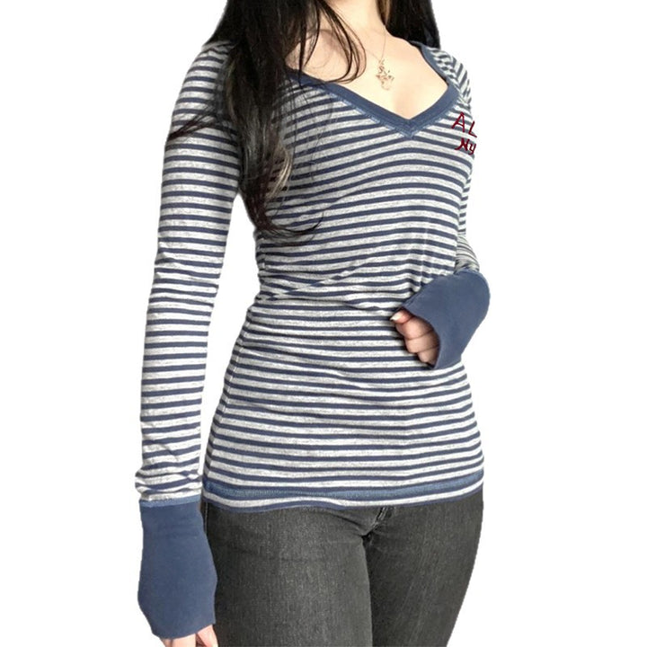 Damen nan gestreiftes V‑Ausschnitt Longsleeve mit taillierter Silhouette und verlängerten Bündchen Drune