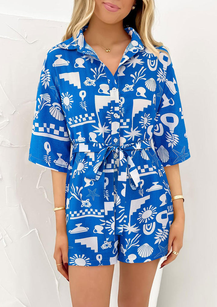 Damen Leichte Kurzarm-Bluse mit Bindegürtel Drune