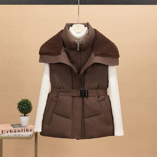 Damen nan wattierte Steppweste mit Strickärmeln und Teddykragen tailliertem Gürtel Drune
