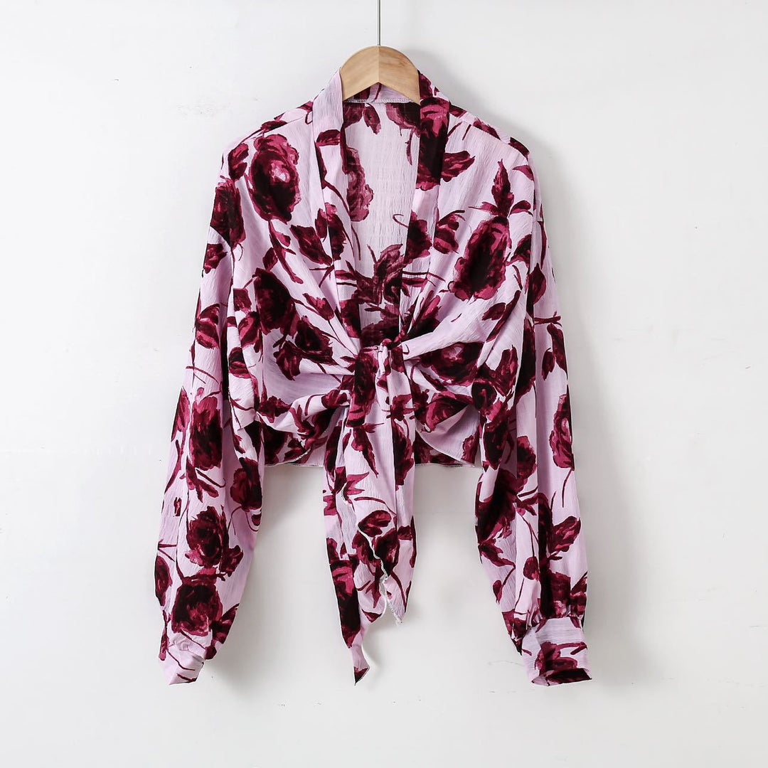 Damen nan florale Knoten-Bluse im Wickelstil mit Ballonärmeln und leichter Leinenoptik Drune