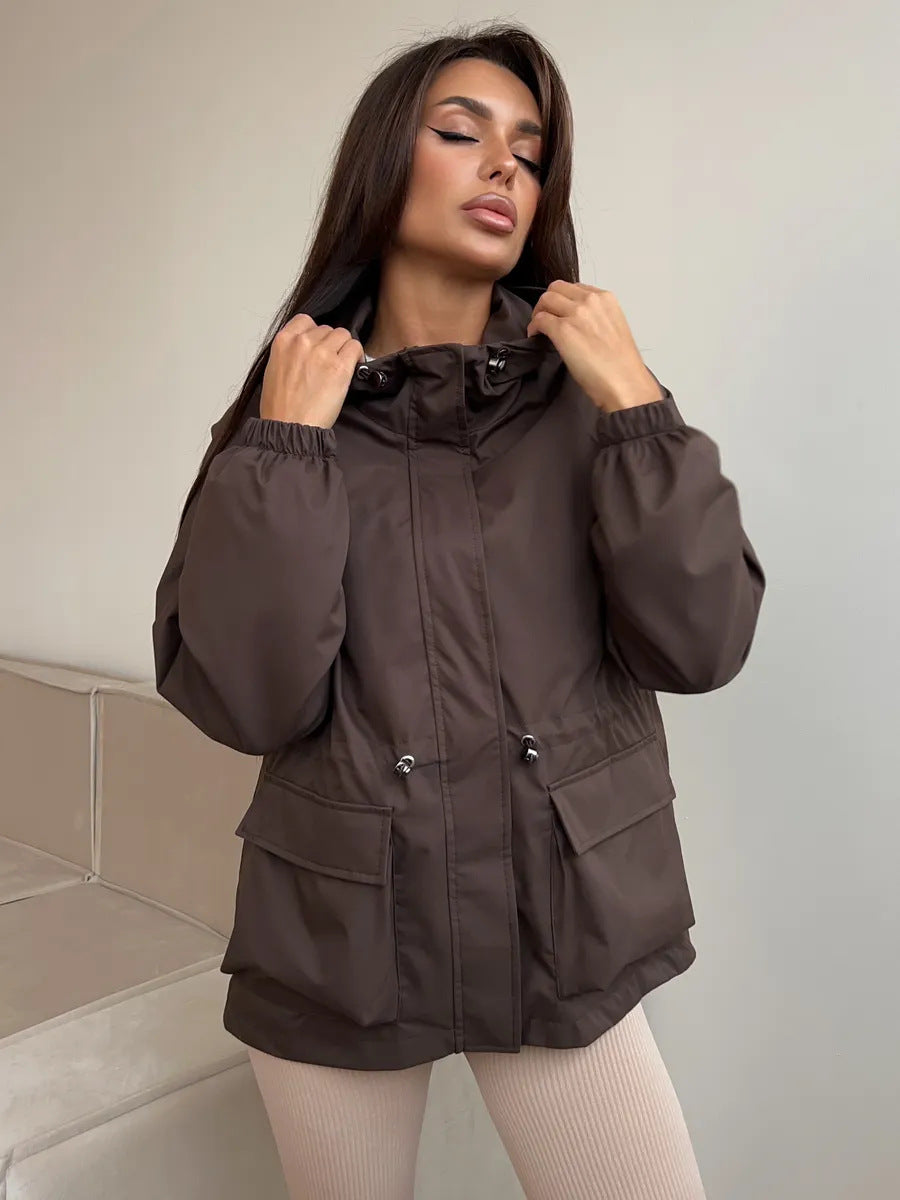Damen wasserdichte Parka-Jacke mit Kapuze, Tunnelzugtaillierung und XXL-Klappentaschen Drune