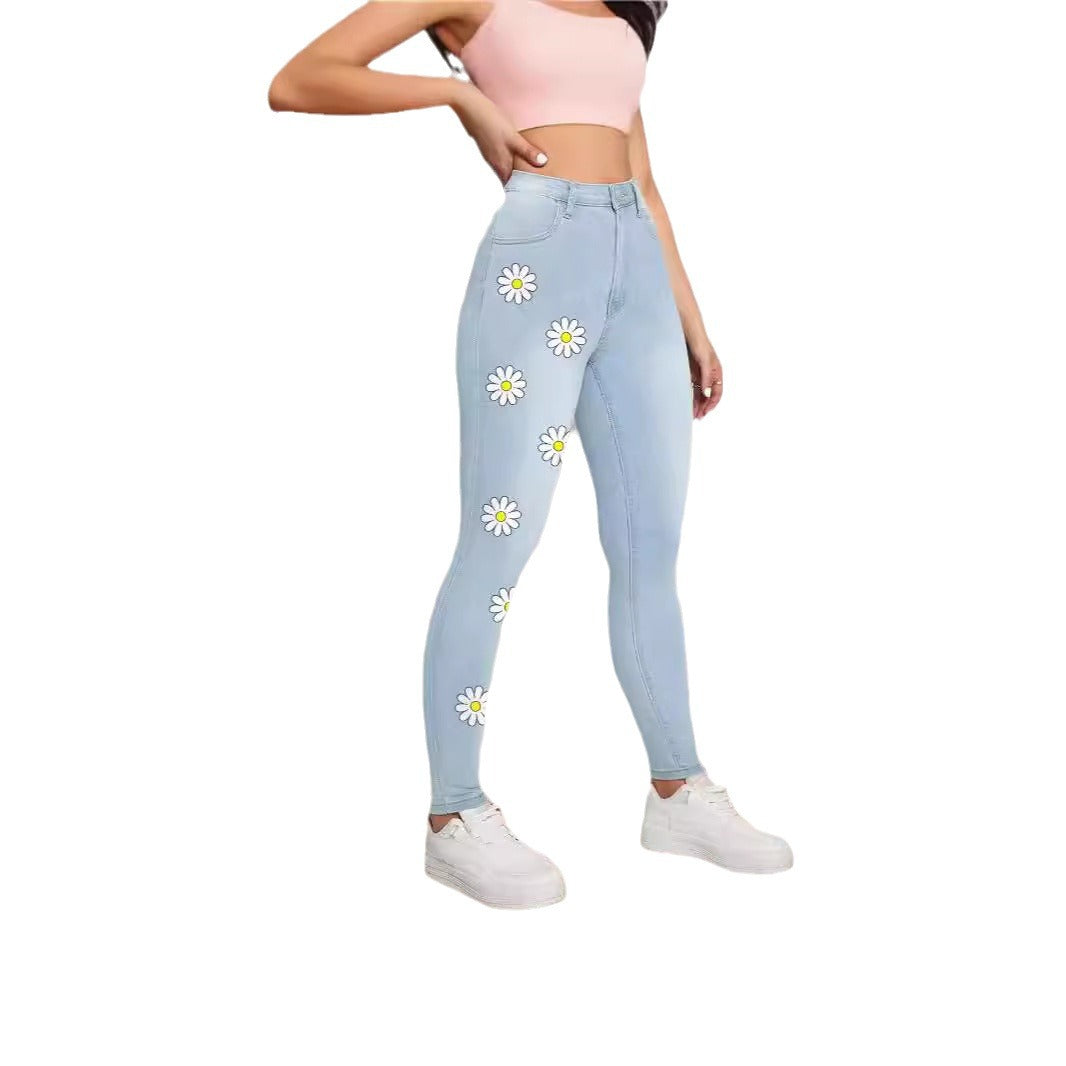 Damen High-Waist Skinny-Jeans mit aufgedruckten Margeriten und figurformendem Stretch Drune