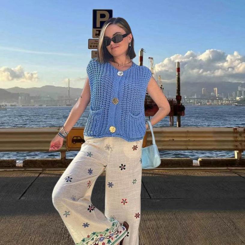 Damen Strickweste mit dekorativen Knöpfen und Taschen Drune