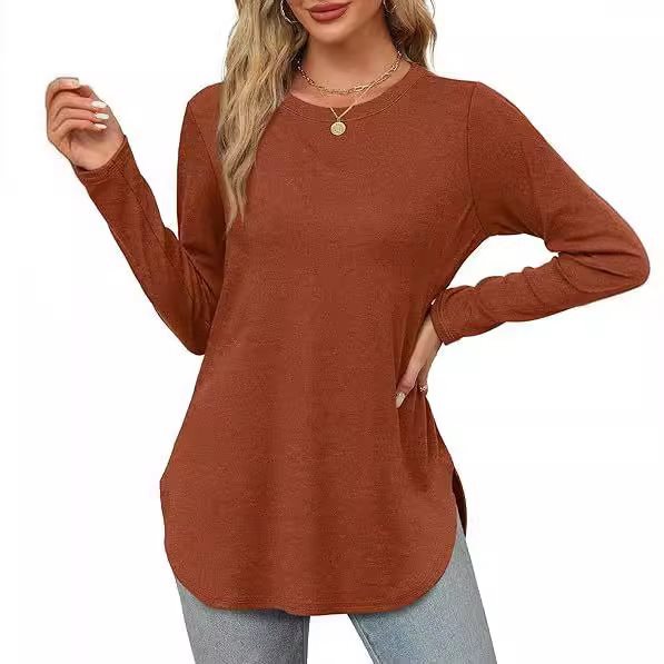 Damen Lässiges Longsleeve-Tunikaoberteil mit Rundhalsausschnitt, Seitenschlitzen und Aquarell-Blattprint Drune