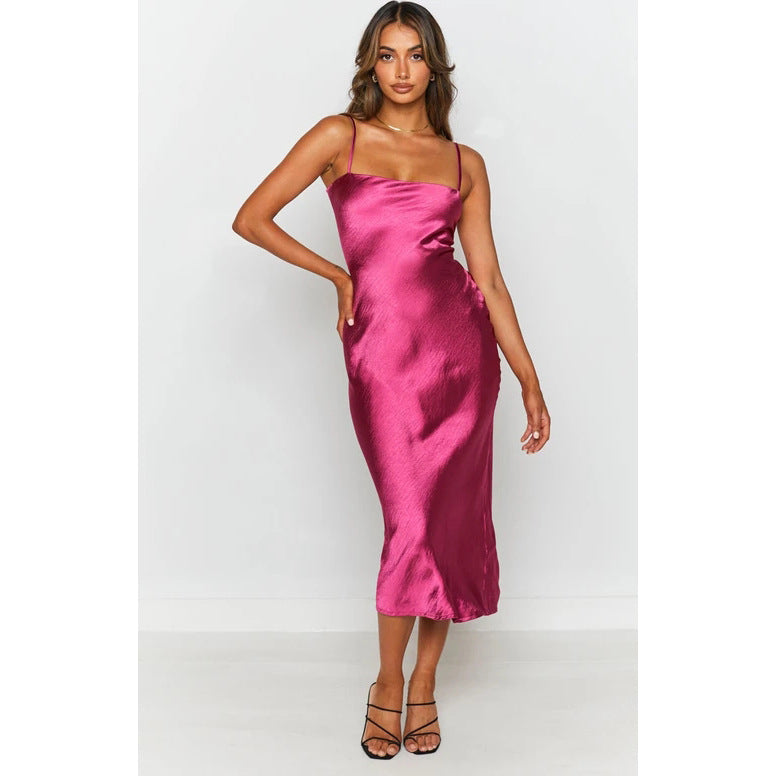 Damen Satin-Midikleid mit schmalen Spaghettiträgern und elegantem Schnitt Drune