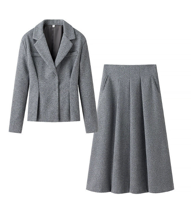 Damen 100+ tailliertes Wollmix-Blazer‑Set mit ausgestelltem Midirock Drune
