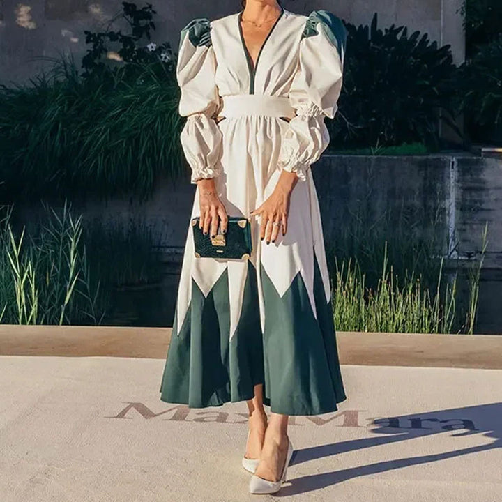 Damen Maxikleid mit ballettartigen Puffärmeln und V-Ausschnitt Drune