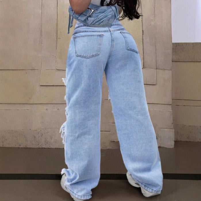 Damen Baggy-Denimhose mit extragroßen Destroyed‑Cutouts und weitem Bein Drune