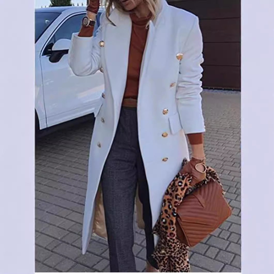 Damen Eleganter Langmantel mit doppelter Knopfreihe und goldenen Akzenten Drune