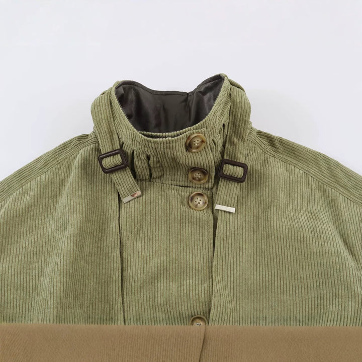 Damen Taillierte Cordfeldjacke mit Stehkragen Schulterpasse und Gürtel Drune