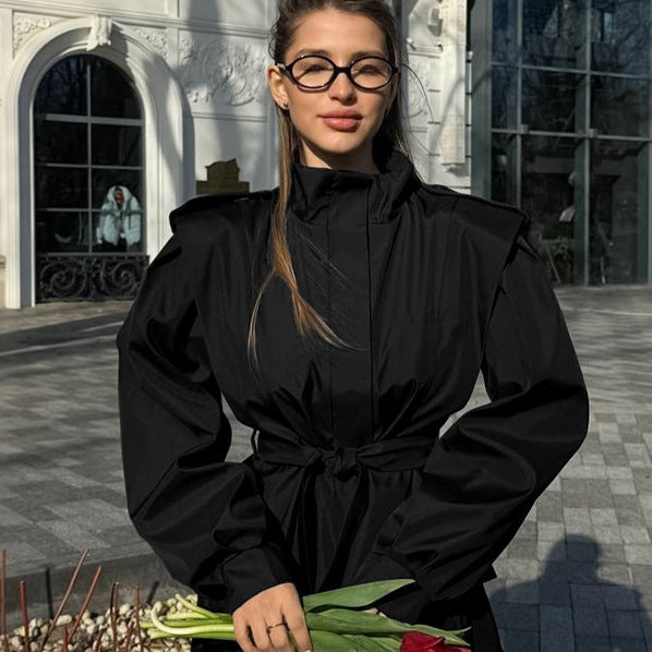 Damen elegante Utility-Jacke mit hochgeschlossenem Kragen und Taillengürtel Drune