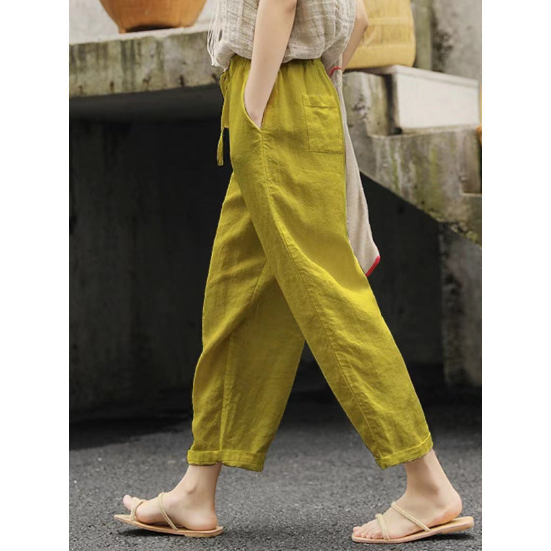 Damen lässige Leinenhose mit elastischem Bund und seitlichen Taschen Drune