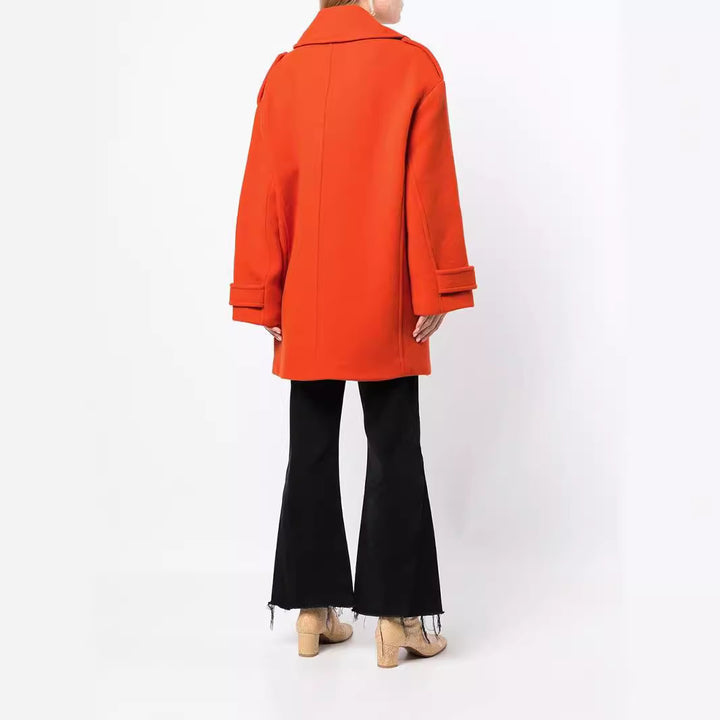 Damen Oversize Zweireihiger Kurzmantel aus Wollmix mit überbreiten Ärmeln und goldenen Zierknöpfen Drune