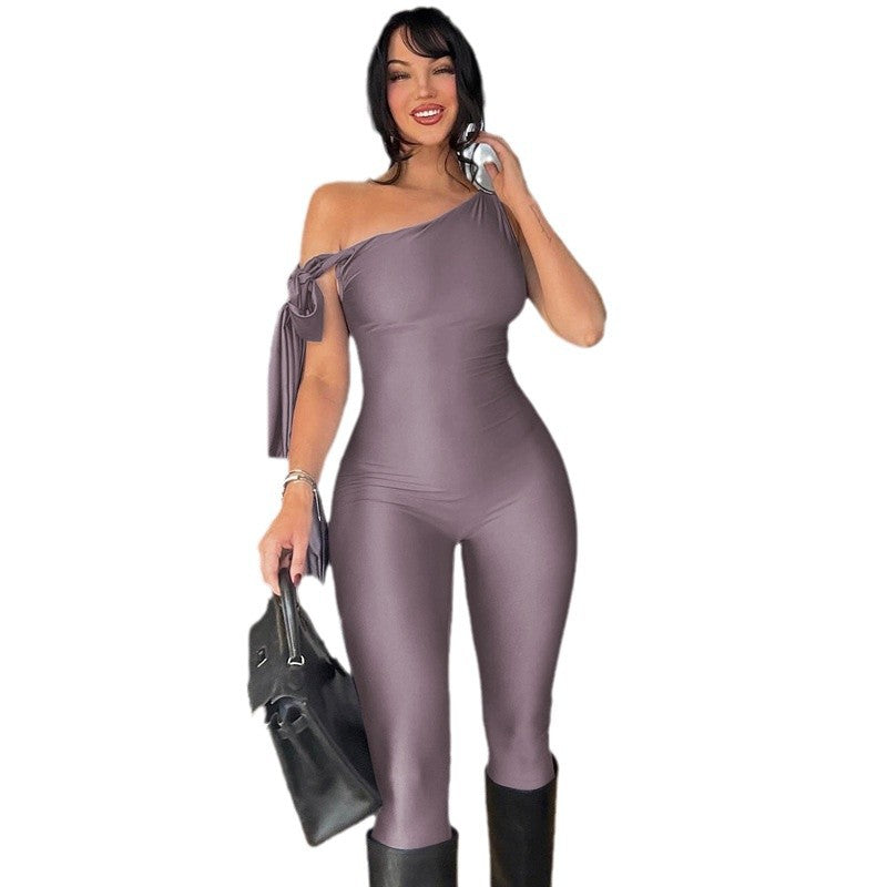 Damen eleganter Ein-Schulter-Jumpsuit mit figurbetontem Schnitt und stilvollem Knoten Drune