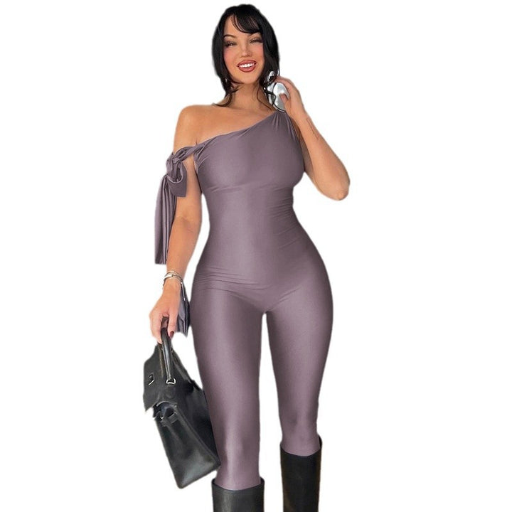 Damen eleganter Ein-Schulter-Jumpsuit mit figurbetontem Schnitt und stilvollem Knoten Drune