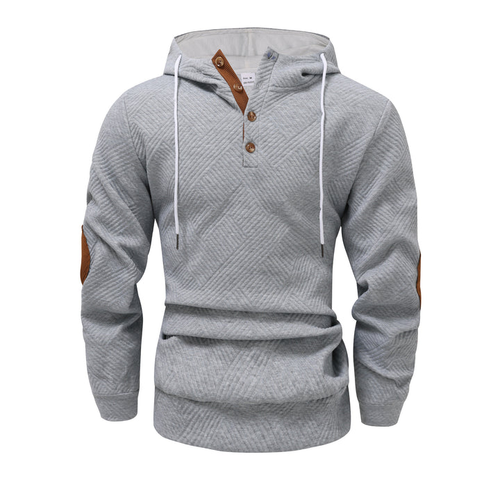 Herren nan strukturierter Kapuzenpullover im Henley-Stil mit Kontrastbesatz und Ellenbogenaufnähern Drune