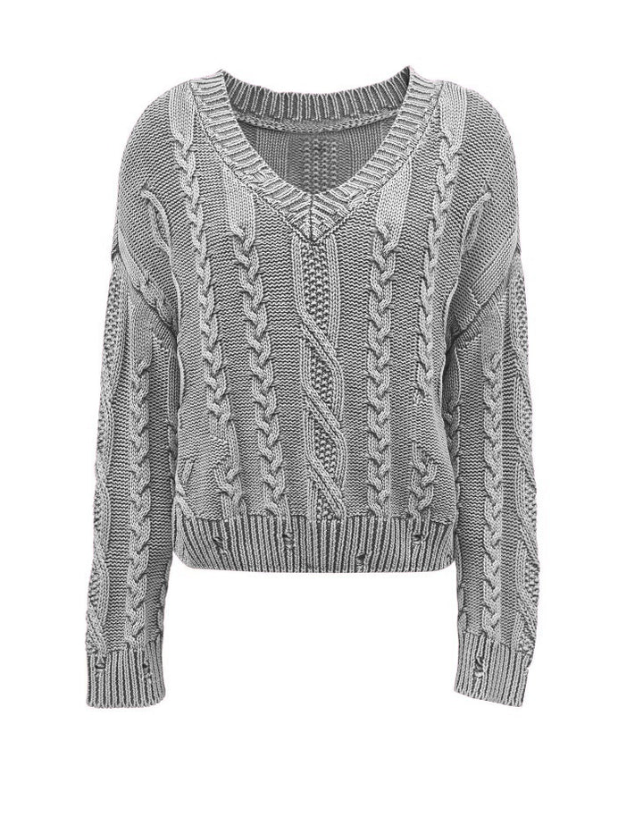 Damen Grobstrickpullover mit tiefem V-Ausschnitt und Zopfmuster Drune