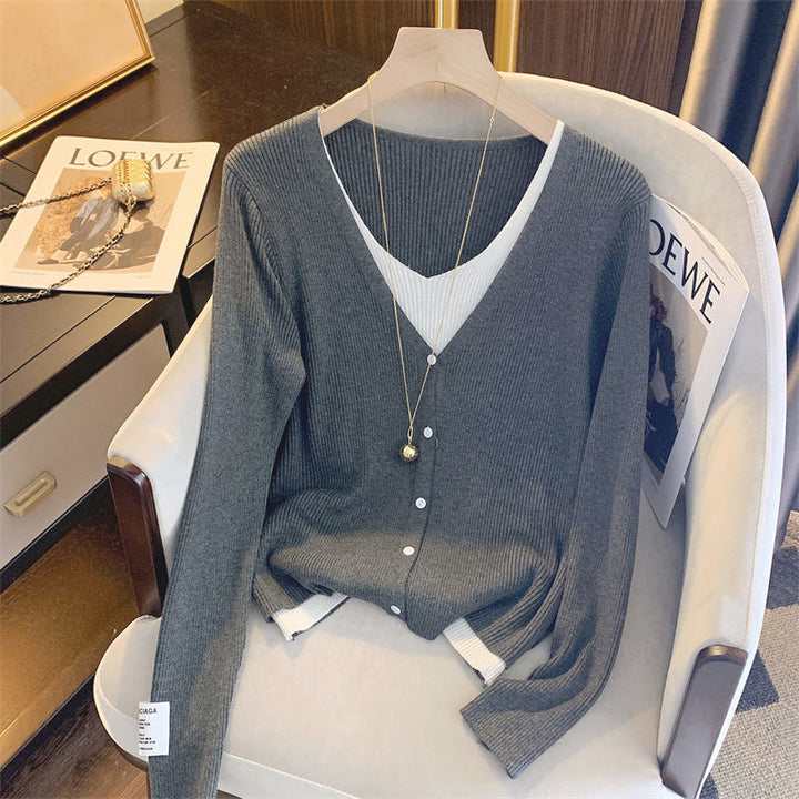 Damen lässige Strickjacke mit feiner Rippstruktur und tiefem V-Ausschnitt Drune