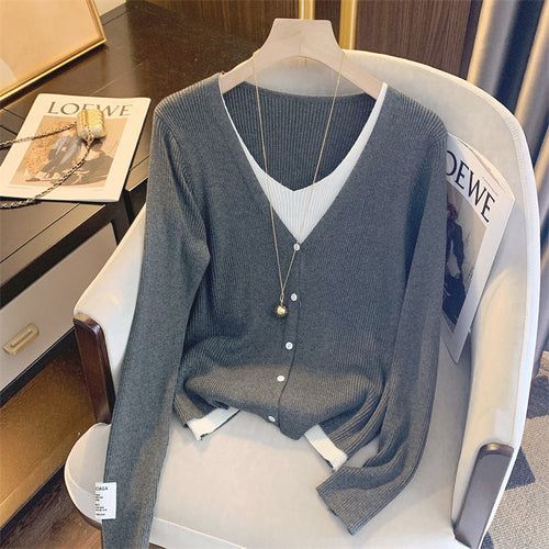 Damen lässige Strickjacke mit feiner Rippstruktur und tiefem V-Ausschnitt Drune