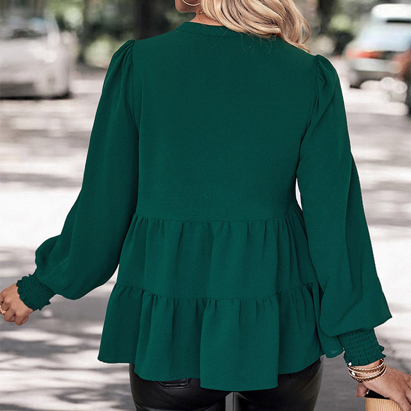 Damen Zweistufige Volant-Bluse mit V-Ausschnitt und gerafften Ärmelbündchen Drune
