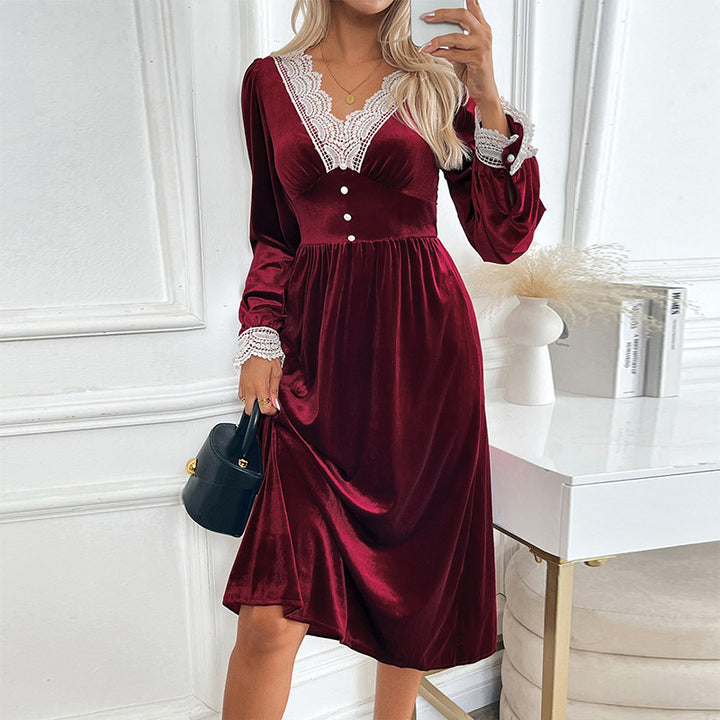 Damen Samt-Midikleid mit Spitzen‑V-Ausschnitt, tailliertem Empire‑Schnitt und Zierknöpfen Drune