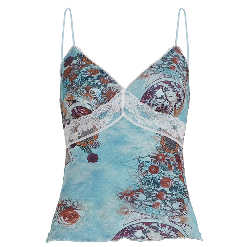 Damen Spaghetti-Trägershirt mit floralen Muster und zarter Spitzenverzierung Drune