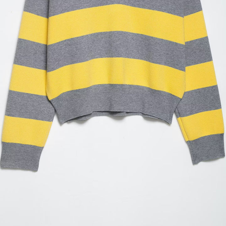 Damen Oversize Streifen-Rugby-Pullover mit offenem Polokragen und V-Ausschnitt Drune