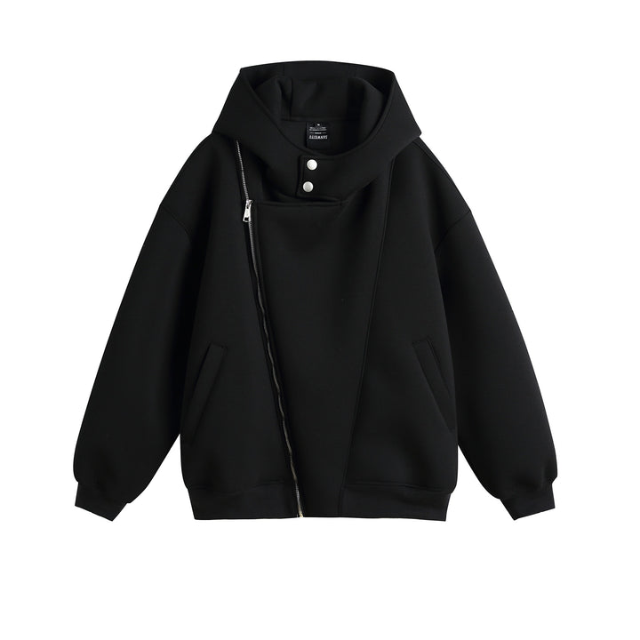 Unisex Oversize Kapuzen‑Zipjacke mit asymmetrischem Reißverschluss und hohem Funnelkragen Drune