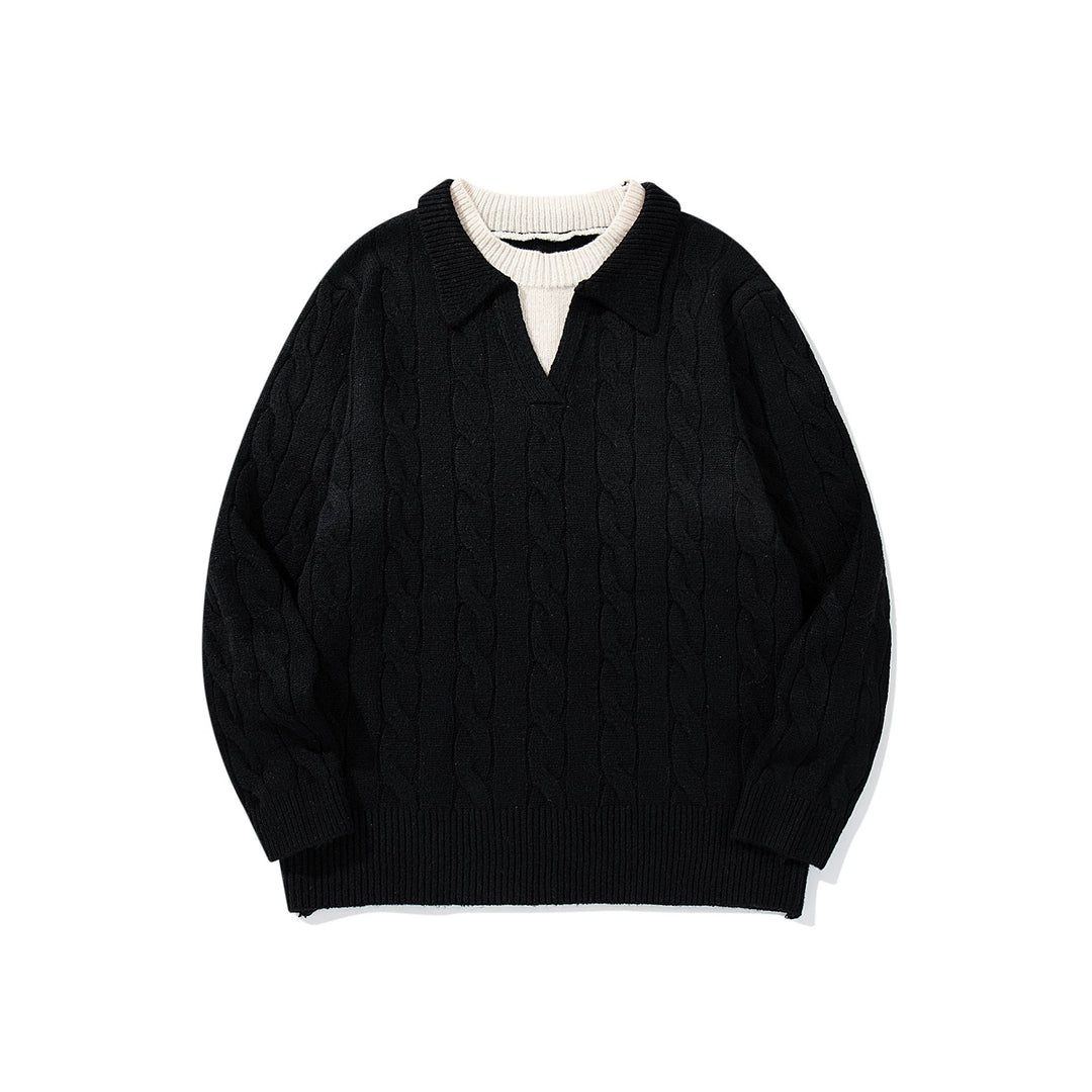 Unisex Strukturiertes Zopfstrick-Pullover mit Polokragen und tiefem V‑Ausschnitt Drune
