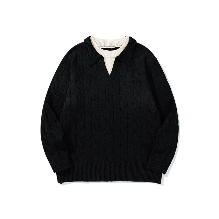 Unisex Strukturiertes Zopfstrick-Pullover mit Polokragen und tiefem V‑Ausschnitt Drune