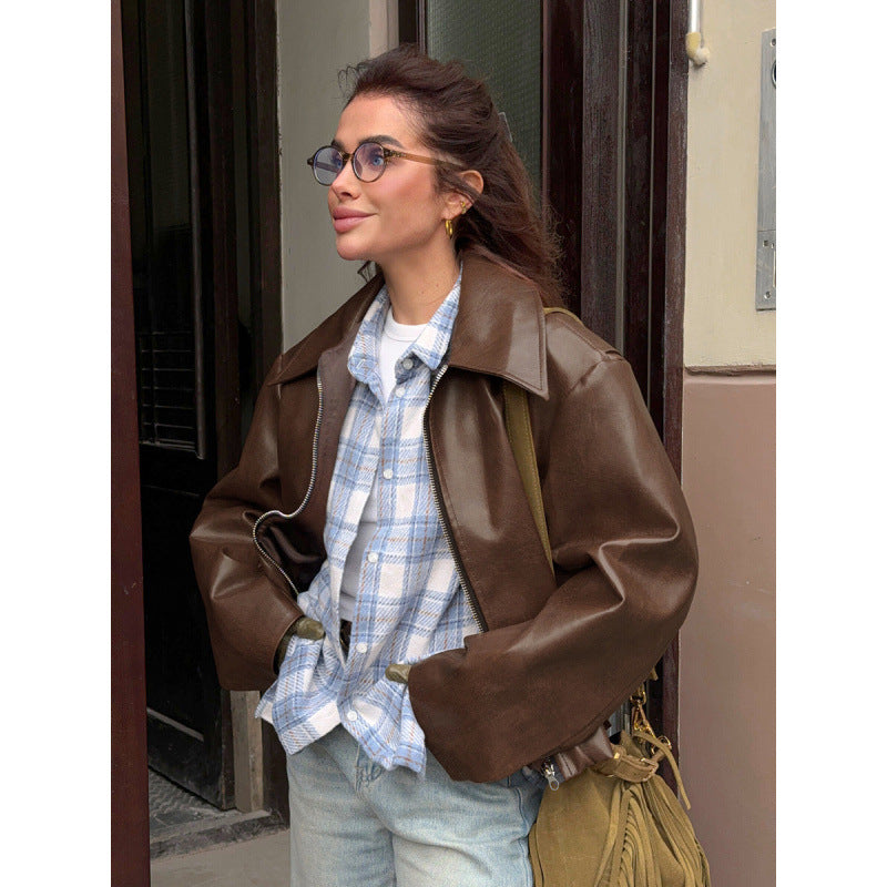 Damen Kunstlederjacke mit Oversized-Schnitt und klassischem Kragen Drune