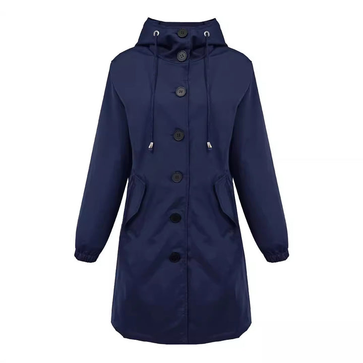 Damen nan leichter Regenparka mit Kapuze, überlanger Knopfleiste, Tunnelzug und aufgesetzten Taschen Drune