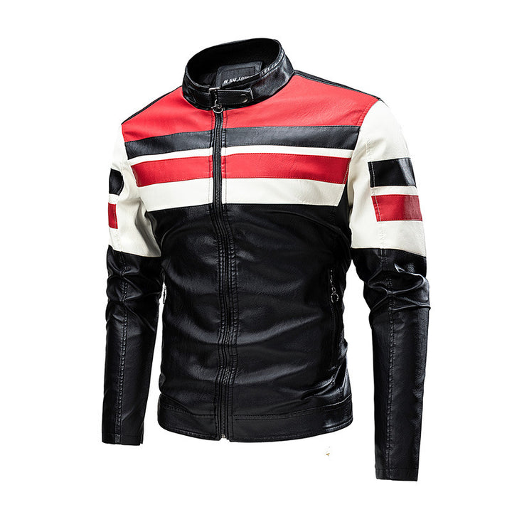 Herren Motorrad-Lederjacke im Retro-Racing-Look mit Kontraststreifen und Stehkragen Drune