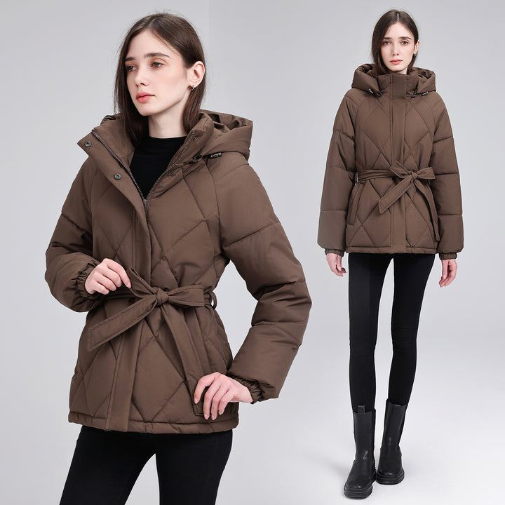 Damen Taillierter Steppparka mit Kapuze und Bindegürtel Drune