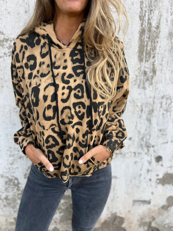 Damen Kapuzenpullover mit lässigem Leopardenmuster und praktischen Seitentaschen Drune