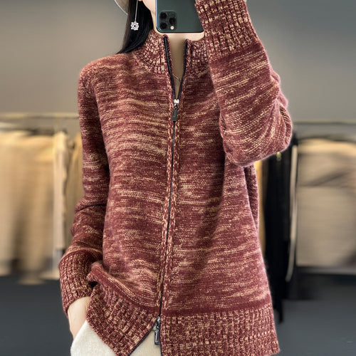 Damen Reißverschluss‑Strickjacke mit melierter Struktur und Stehkragen Drune