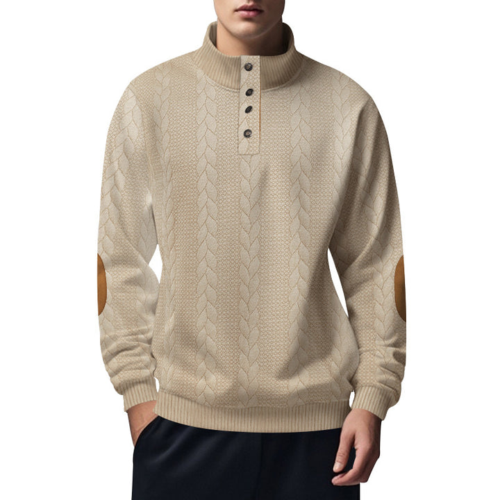 Herren nan strukturiertes Kabelstrick-Henley-Pullover mit Stehkragen und Ellbogenpatches Drune