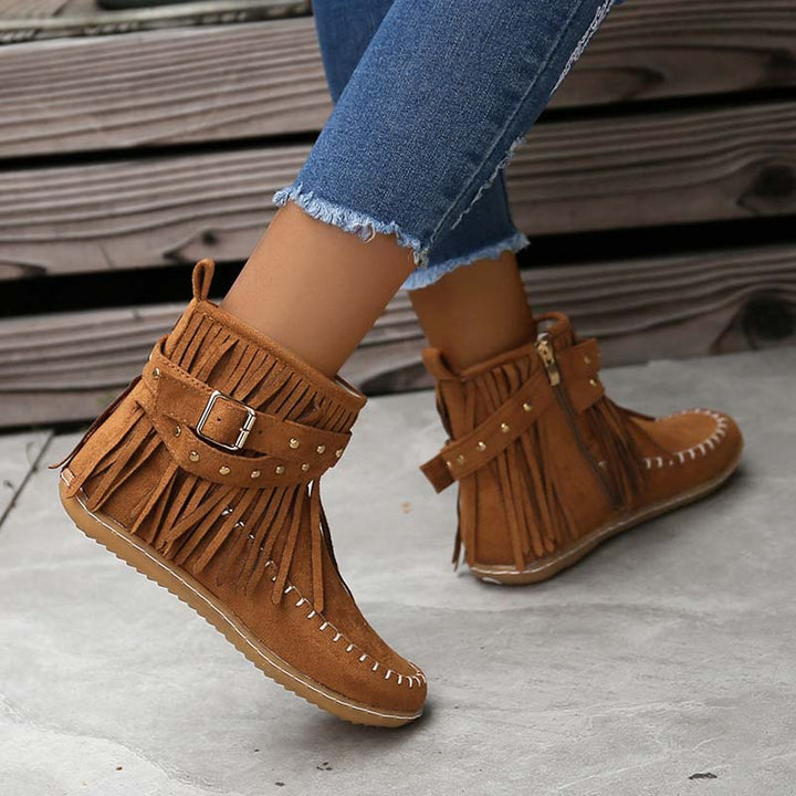 Drune | Boho Stiefelette Mit Fransen Und Schnallen Für Damen