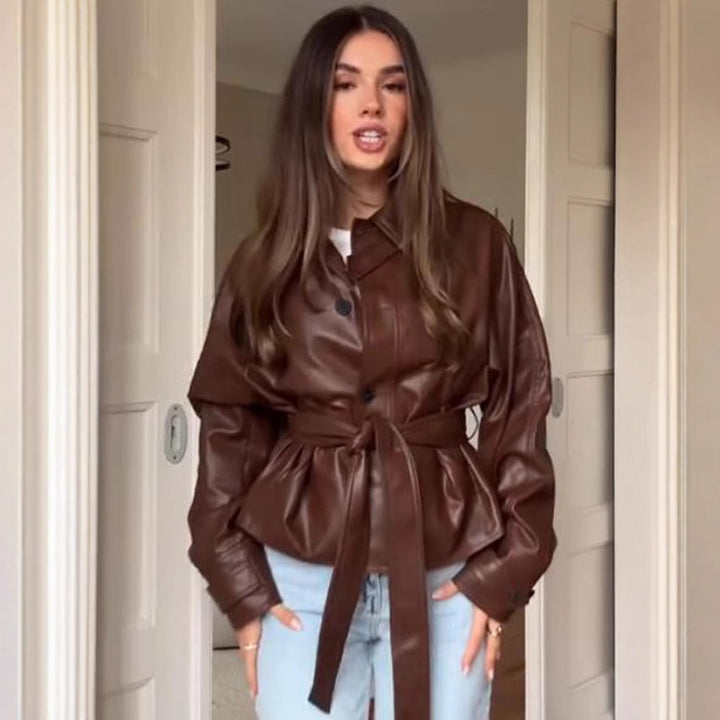 Damen Kunstlederjacke mit tailliertem Schnitt und modischem Gürtel Drune